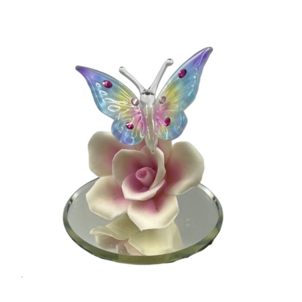 Glass Baron Butterfly Pink Rose W Swarvoski Crystals Figurine‎ P3-322-P Vintage